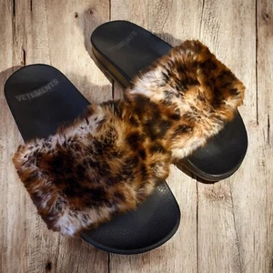 Vetements Slides Brown & Black Shearling Leopard WoMen’s Size 43 EU 12 US READ - Picture 1 of 14