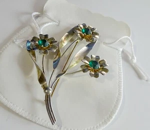 1940's Giant 4" Sterling Blue-Green Stone Flower Brooch Pin - Picture 1 of 4