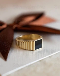 14K Gold Signet Ring, Black Onyx Ring, Men's Pinky Ring, Mens Ring, Gift For Him - Picture 1 of 4