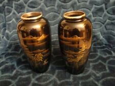 Two Antique Meiji Style Chokin Japanese Mixed Metal Vases, Fuji, Temple, Signed