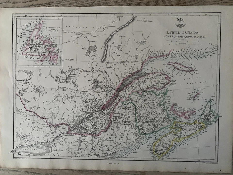 Mapa de envio semanal antigo colorido à mão original do Canadá inferior de 1863 - Imagem 1 de 3