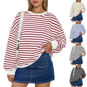 Autumn Baggy Stripes Pullover Women Blouse Hoodies Sweatshirts Tops UK Plus Size - Picture 1 of 39