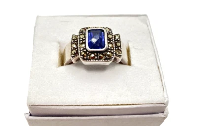 Anillo de plata de ley con piedra azul y marcasita talla Foto 1 de 4