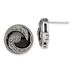18mm Sterling Silver Antiqued Onyx & Marcasite Round Wave Post Earrings - Picture 1 of 4
