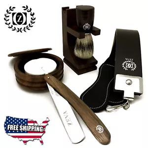 WET STRAIGHT EDGE RAZOR CUT THROAT WOODEN MADE SHAVING SET KIT 6 PC IN GIFT BOX - Picture 1 of 7