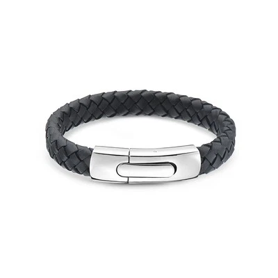 Pulsera de cuero genuino negro para hombre con acero inoxidable Foto 1 de 4