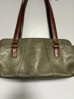 Bolso Cartera Cartera Fossil Tooled Cuero Floral Verde Cachemira Doble 2 Asas Foto 1 de 4