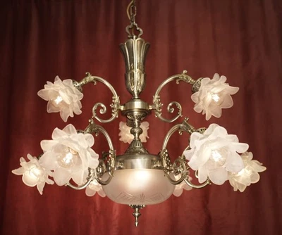 法国银色 NICKEL CHANDELIER 9 灯玫瑰叶碗 ø32 英寸 — 第 1/4 张图片