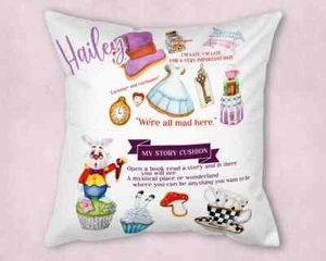 Alice In Wonderland Cookie Theme Cushion Cover Reading Story Pocket Personalised - Picture 1 of 2