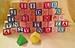 WOODEN BLOCKS SET 40 LETTER NUMBER TRIANGLE PENTAGON ALPHABET GUC BUILDING PLAY. - Picture 1 of 5