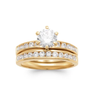 Bague double Anneaux Solitaire ZIRCONIUM Plaqué or 18 CARATS 5 Microns Bijoux  - Photo 1/4