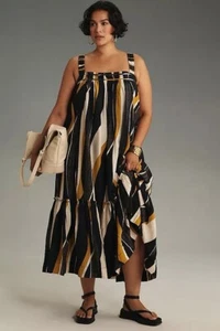 NEW ANTHROPOLOGIE Square-Neck Waistless Midi Dress, Black Motif, Size 1X - Picture 1 of 8