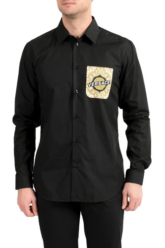 Versace camicia uomo nera stampa barocco manica lunga elegante tg 16