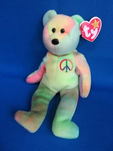 PEACE TEDDY BEAR π RAINBOW TIE DYE giocattolo morbido β€οΈ TY BEANIE BABIES VINTAGE 1996 - Foto 1 di 7