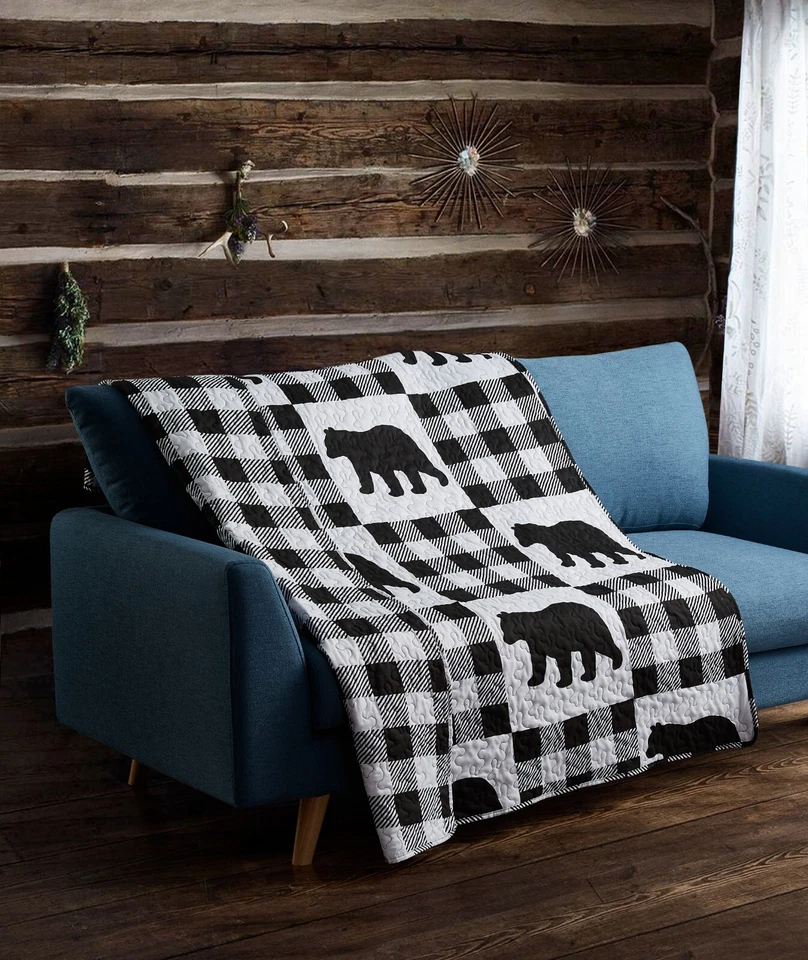Virah Bella- Buffalo Plaid Bear White- Lightweight Quilted Throw Blanket 50"x60" - Image 1 of 1