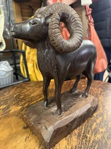 VTG Art IRON WOOD Hand Carved AMERICAN RAM Heavy Detailed 12"T x 9”L SCULPTURE - Picture 1 of 11