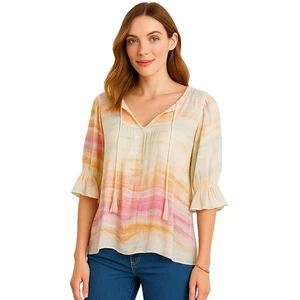 Zac & Rachel Woman 1X Tie-Dye Peasant Top Tassel Neck Boho Cottagecore Blouse - Picture 1 of 12