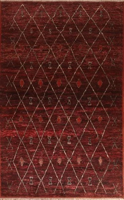Tribal Red / Burgundy Moroccan Area Rug 7x10 Ft Handmade Trellis Wool Carpet - Image 1 of 4