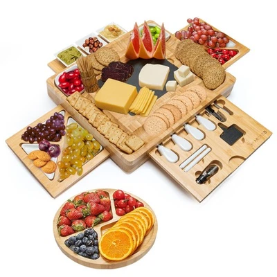 Hardboo Bamboo (End Grain) Charcuterie Board 4 Drawer  Knife Set Tray, Ceramic + - Image 1 of 4