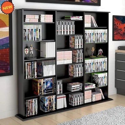 Black Wood Media Storage Cabinet CD DVD VHS Movie Organizer Wall Mount Shelf NEW - Image 1 of 4