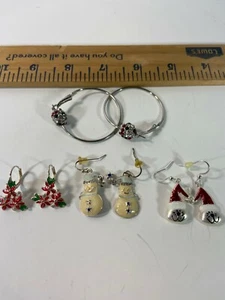 Christmas Earrings, Snowman, Santa Cat, Holly, Enamel, Clip On, Hoops Lot of 4 - Picture 1 of 7