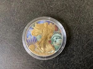 2014 American Silver Eagle Gem Gold Gilded Statue of Liberty Colorized E1585 - Picture 1 of 6