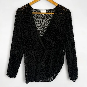 WITCHERY Sheer Mesh Leopard Print Top Size 10 Black Flocked Elbow Sleeve Fitted - Picture 1 of 8