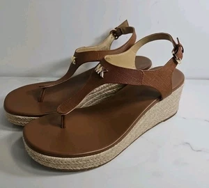 Michael Kors Brown Leather Straw 2.7" Wedge Strappy Sandal 9M NEW - Picture 1 of 8