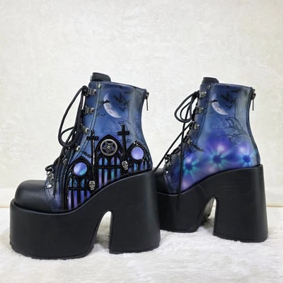 Camel 203 Moonlit Graveyard Print inset Charms Platform Goth Punk Ankle Boots - Image 1 of 4