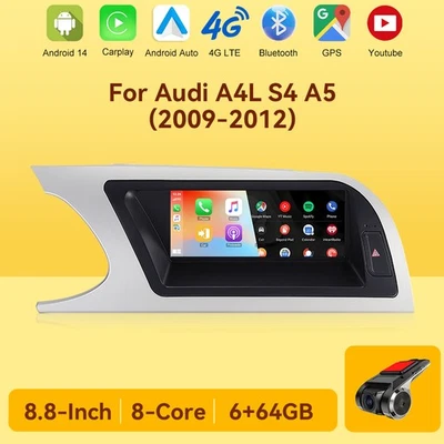 8.8" DAB+ Android 14 Autoradio CarPlay 64GB SWC Für Audi A4/A5/B8/S4 2009-2012 - Bild 1 von 4