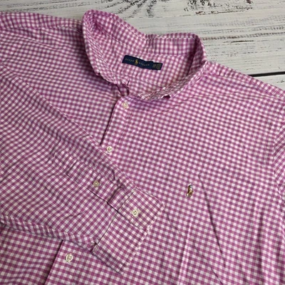 Camisa Ralph Lauren Manga Larga Con Botones Hombres 5XB Rosa Blanco Guinga Carne Poni Foto 1 de 4