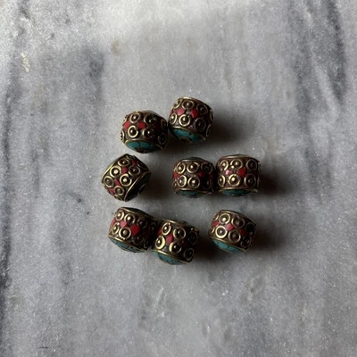 8pcs Tibetan Handmade Turquoise & Coral Repousse Brass Drum Beads 13mm CC140 - Image 1 of 2