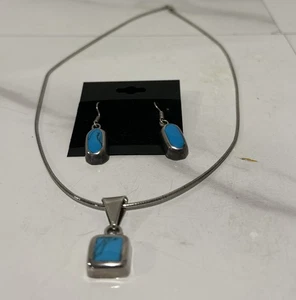 950 Mex Marked Silver Short Hoop Necklace & Earrings With Real Turquoise - Picture 1 of 9