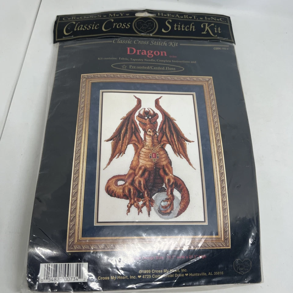 Vtg Cross My Heart Dragon Cross Stitch Kit Jeweled Necklace Crystal Ball 1999