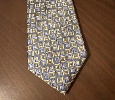 Corbata vintage Birmania Bibas 100 % seda hecha en EE. UU. tejida geométrica elegante azul gris Foto 1 de 4