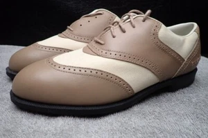 Reebok Golf Shoes Beige Brown Leather Metal Spikes Lace-Up Women's Size 7 M NEW - Picture 1 of 13