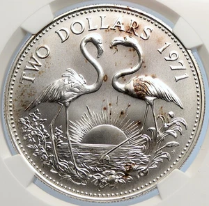 1971 The BAHAMAS Elizabeth II FLAMINGO Birds SILVER 2 Dollars Coin NGC i105621 - Picture 1 of 5