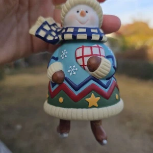 Snowman Bell Christmas Ornament Ceramic Hold Heart Ice Skate Country Vintage 5" - Picture 1 of 11