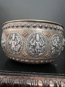 SOUTH INDIAN TANJORE BRASS SILVER OVERLAY Mixed Metal BOWL VASE 19TH CENTURY - Picture 1 of 9