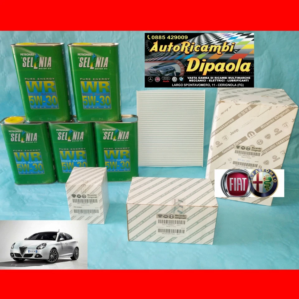 KIT TAGLIANDO ORIGINALE ALFA ROMEO GIULIETTA 1.6 JTDM SELENIA+4 FILTRI ORIGINALI - Immagine 1 di 2