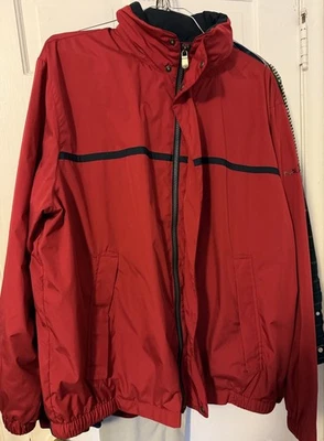 Chaqueta de vela Nautica vintage años 90 para hombre talla XL roja azul marino a rayas cremallera con capucha Foto 1 de 4