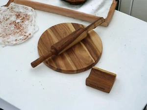 Wooden Chakla Belan Set for Kitchen Premium Solid Wood Roti Rolling Board - Picture 1 of 3
