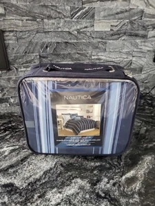 CUBIERTA NÓRDICA NAUTICA HURON BAY Queen azul marino rayas 100% algodón NUEVO - Imagen 1 de 4