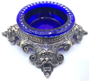 William Kerr Sterling Silver Green Man Gargoyle Mask Face Blue Glass Salt Cellar - Picture 1 of 7