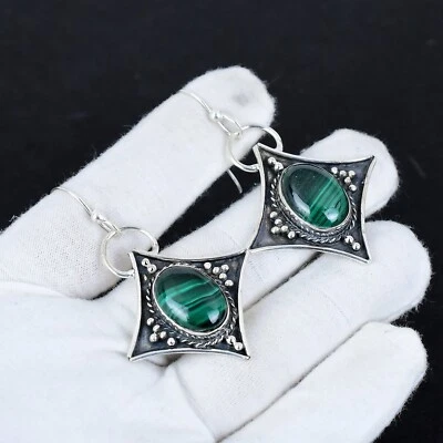 925 Argento Sterling Verde Naturale Malachite Gemma Mano Gioielli Orecchino - Immagine 1 di 4