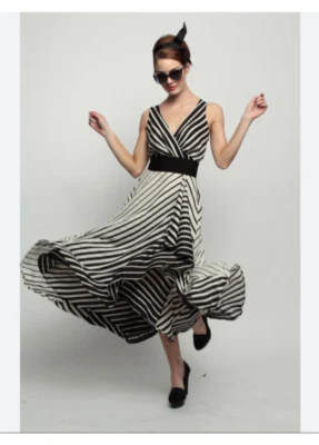 Eva Franco Sleeveless Fit & Flare Striped Maxi Dress Black, White Size L - NWOT - Image 1 of 4