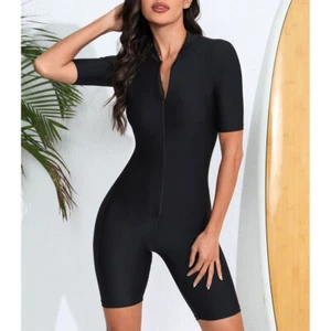Women's Short Sleeve Zip Rash Guard Boyleg UV Protection One Piece Surf Swimsuit - Picture 1 of 15