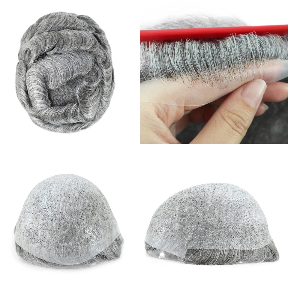 Peluca de peluca de hombre Toupee piel súper delgada con bucle en V negra gris #1B65 Foto 1 de 4