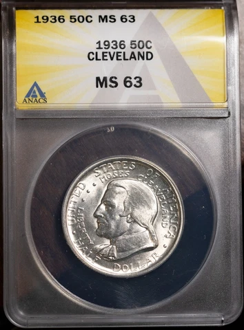 1936 50c Cleveland Commemorative Half-dollar MS 63 New ANACS # 7490132 + Bonus Cover