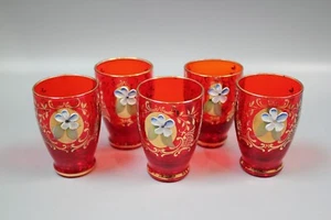 5er Set Vintage rot Murano Glas Schnapsgläser mit blauer Keramikblume - Bild 1 von 8